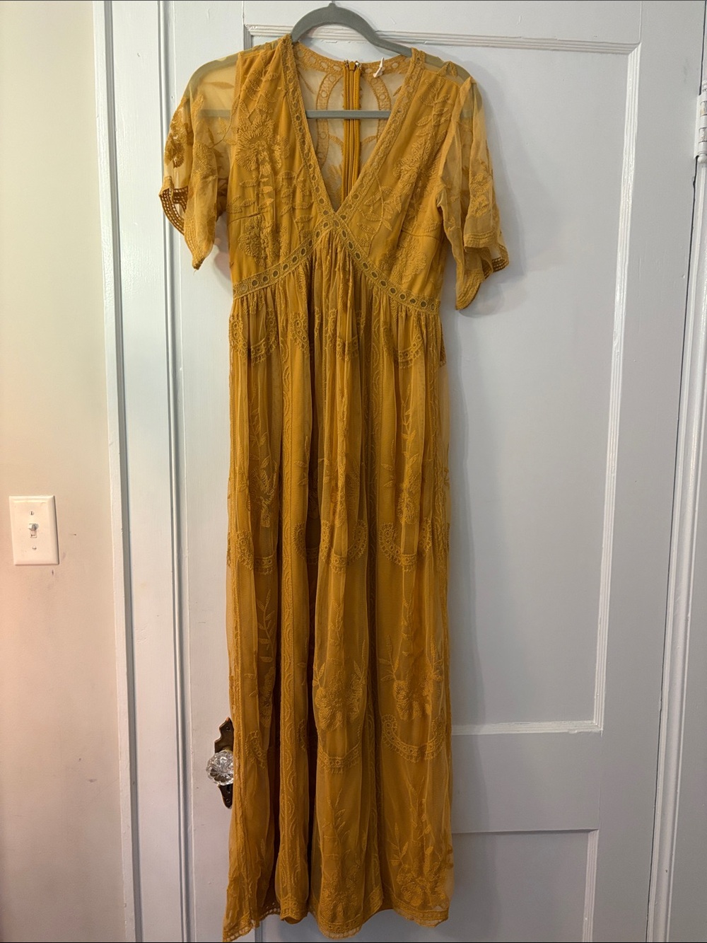 PinkBlush Maternity Women's Mustard Yellow Embroidered V-Neck Maxi Dress